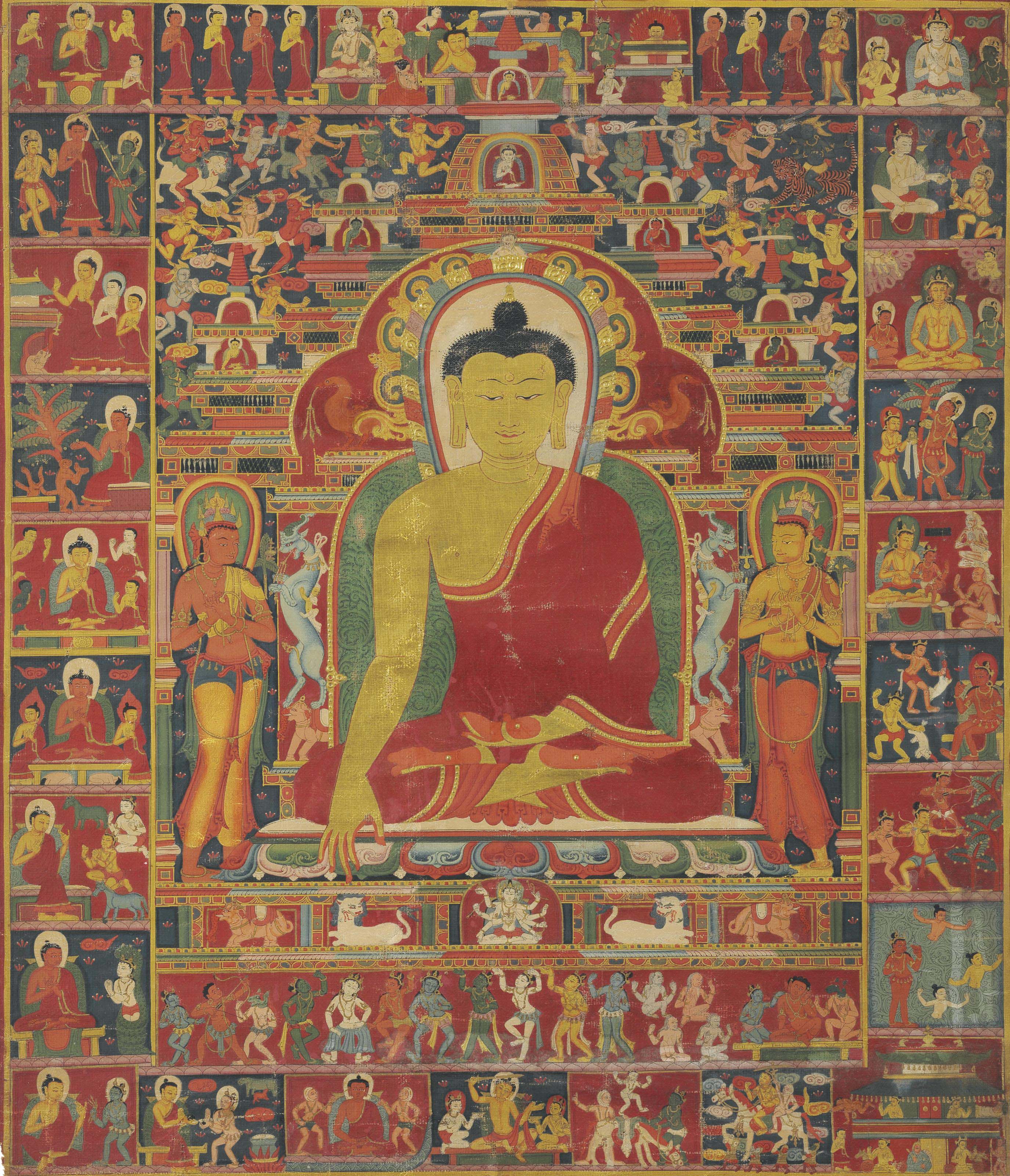 A painting of Buddha with scenes from his life , TIBET, 14TH CENTURY